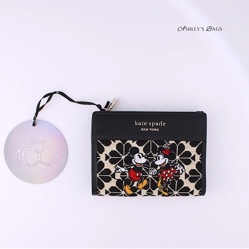 Kate Spade x Disney Minnie Mickey Spade Flower Jacquard Compact Bifold Wallet